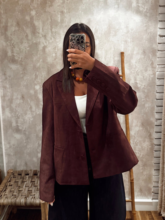 Blazer oversized em pele de pêssego- Bordô