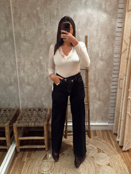 Calças de ganga escura Wide Leg - Botão cruzado