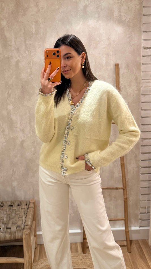 Cárdigan em malha c/pormenores florais