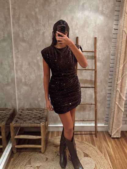 Vestido curto em tecido aveludado c/ lentejoulas aplicadas