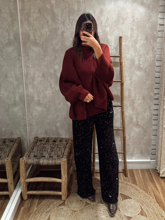 Calças de lantejoulas em tecido aveludado