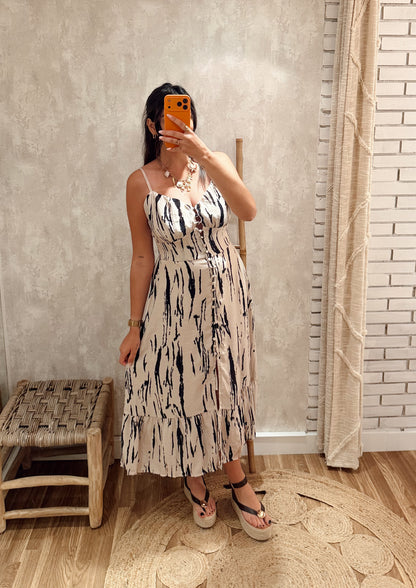 Vestido Midi Estampado com Botões Frontais