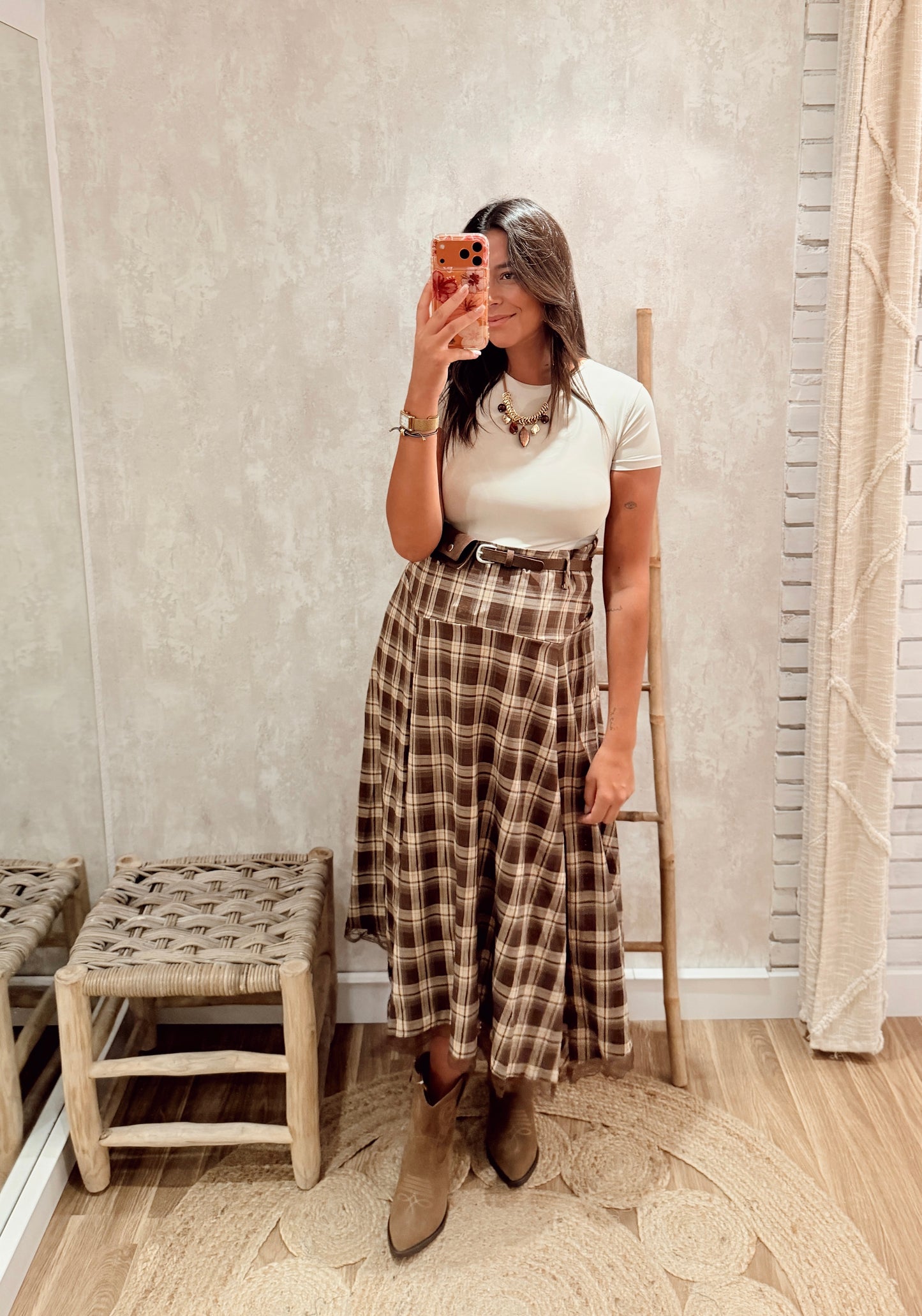 Saia Midi Xadrez com Renda