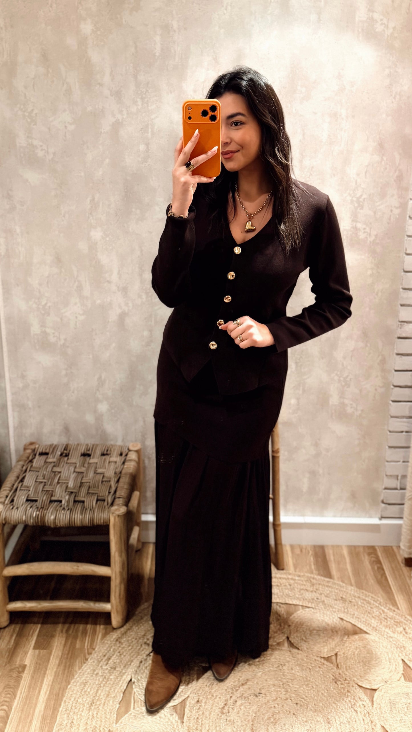 Conjunto Cardigan + Saia em Malha