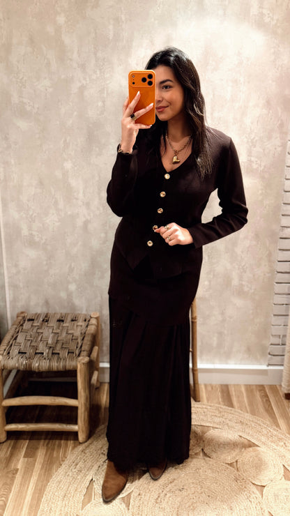 Conjunto Cardigan + Saia em Malha