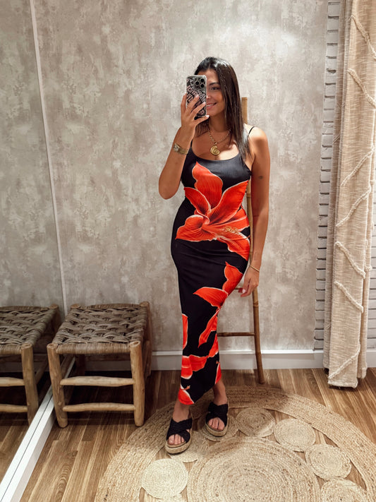 Vestido em malha canelada com padrão de flor – Preto/Vermelho