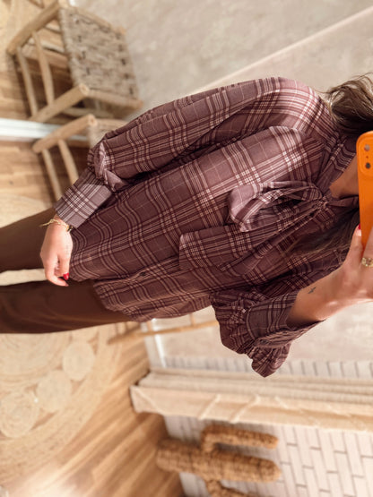 Blusa Castanha aos Quadrados com Laço no Decote