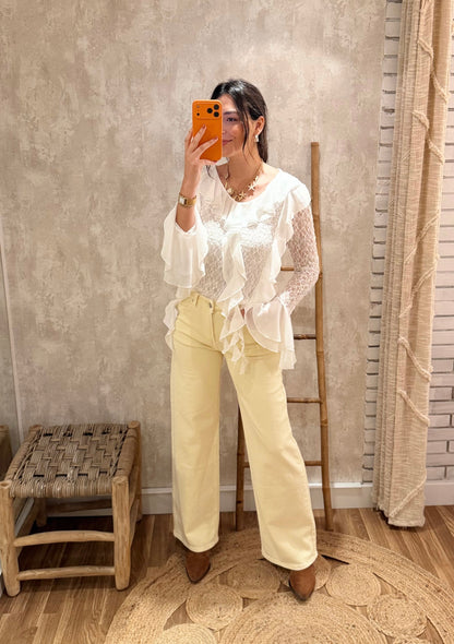 Jeans wide leg amarelo manteiga