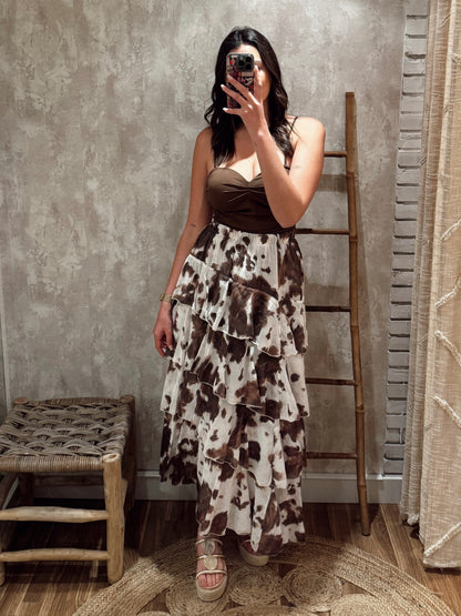 Falda larga con estampado de vaca y volantes