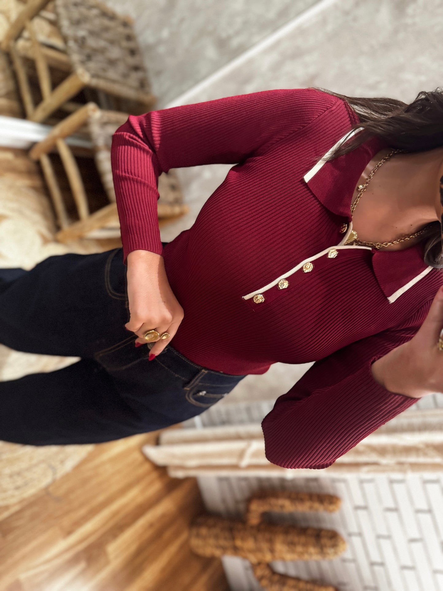 Body em malha canelada c/decote em polo