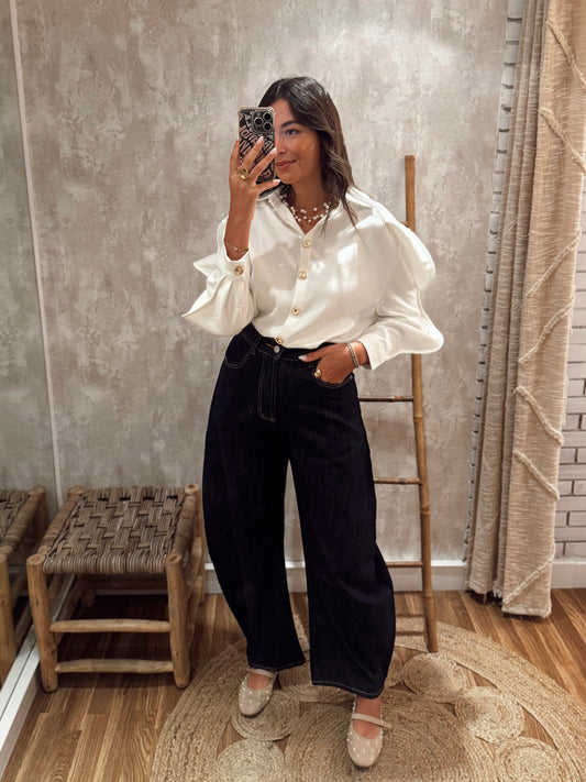 Jeans modelo ballon em ganga escura - Mochy