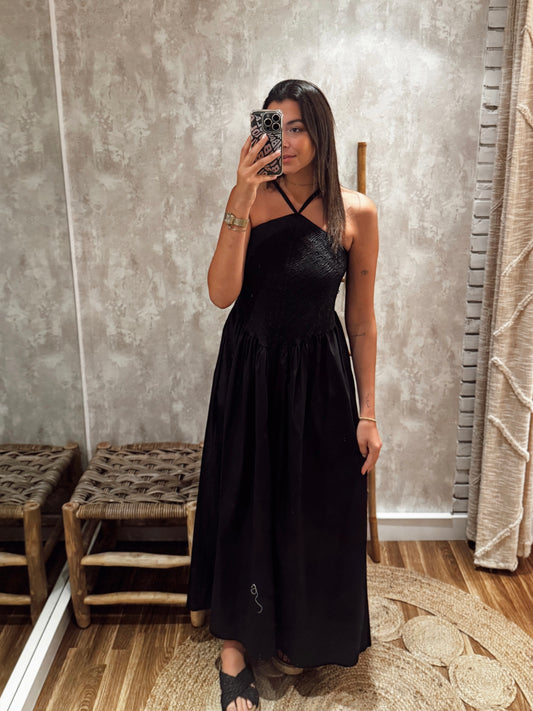 Vestido comprido em popelina com efeito corpete em favo de mel -Preto