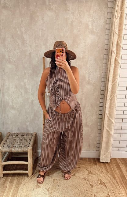 Conjunto Listado com Top de Atar e Calça Balão