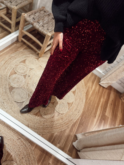 Calças de lantejoulas em tecido aveludado