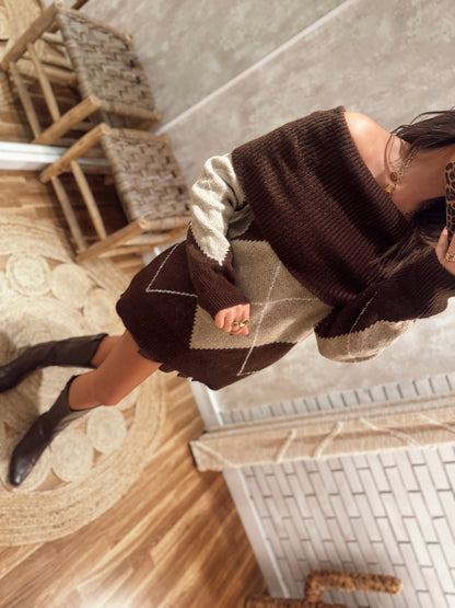 Camisola em Malha com Decote Ombro a Ombro Argyle