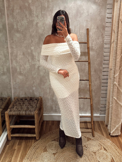 Vestido branco comprido em malha texturada