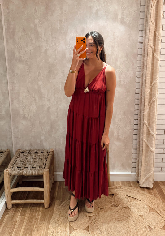 Vestido Fluido com Detalhe Dourado