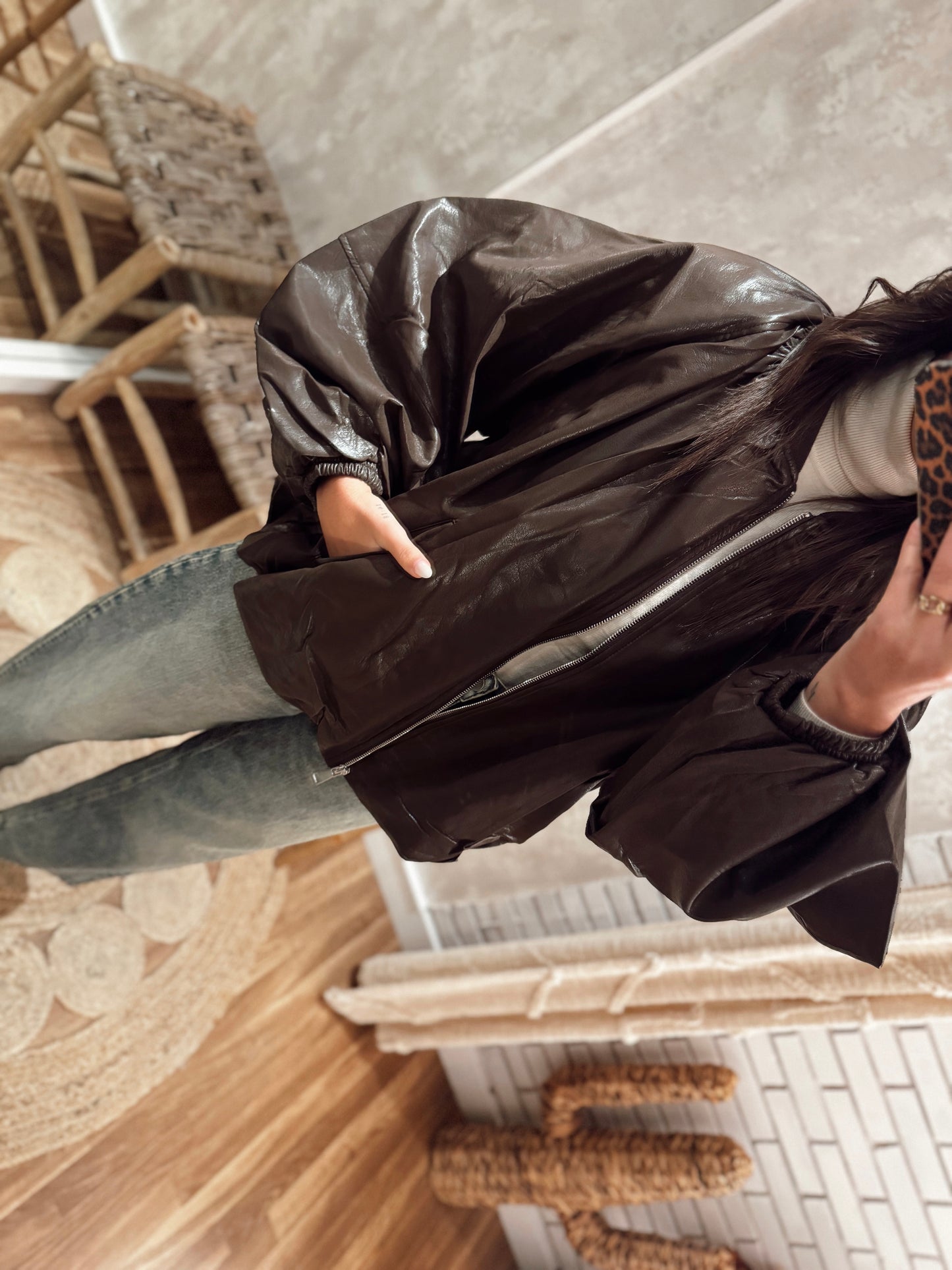 Casaco em Napa castanho c/mangas abalodada