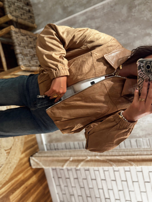 Chaqueta bomber de ante con cuello de napa - Beige