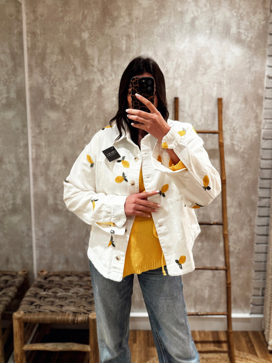 Camisa branca de ganga c/limões bordados