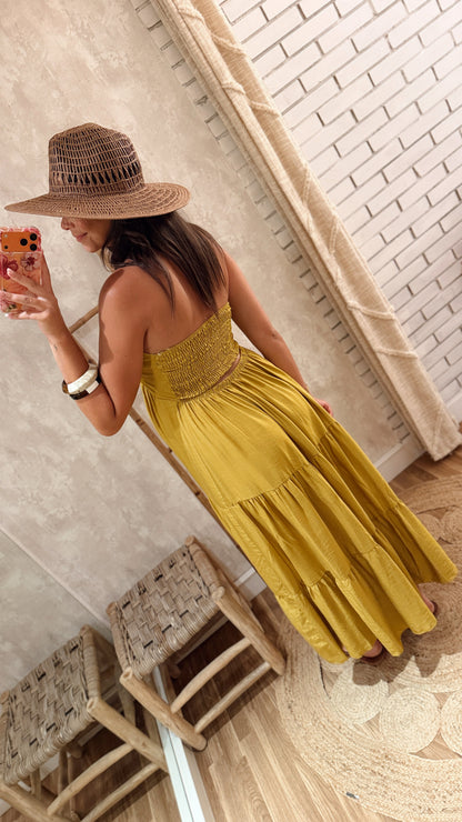 Vestido Comprido com Decote Franzido e Costas Elásticas