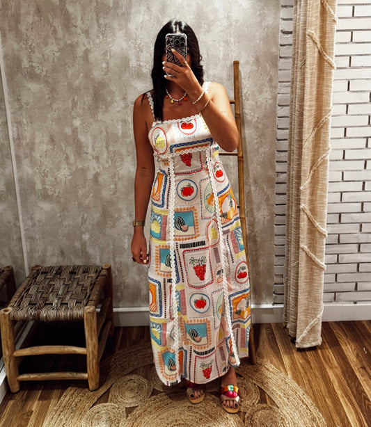 Vestido longo c/ padrão frutado