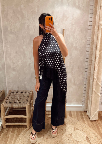 Top Assimétrico Polka Dots com Renda