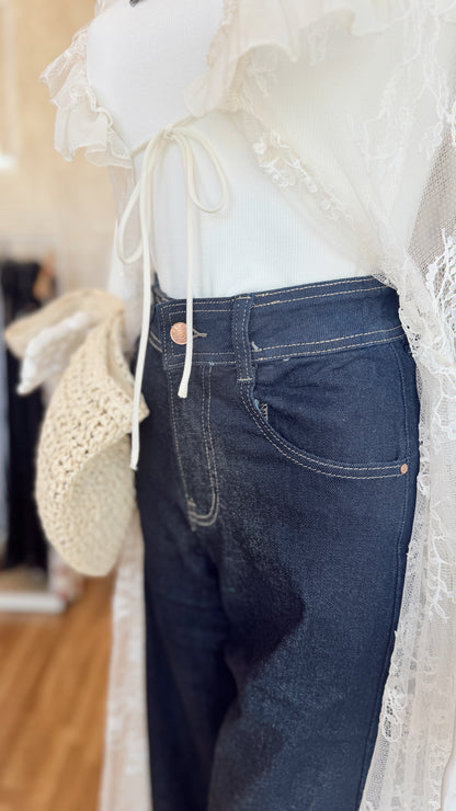 Jeans Wide Leg de Cintura Subida c/ganga escura