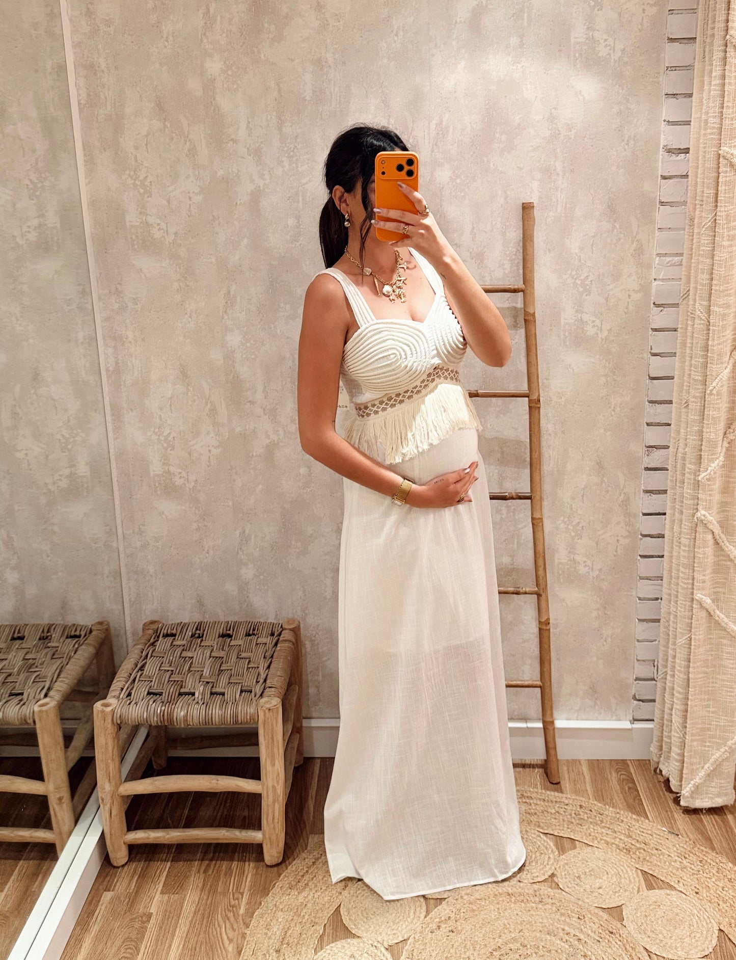 Vestido Comprido em Algodão com Detalhe em Corda