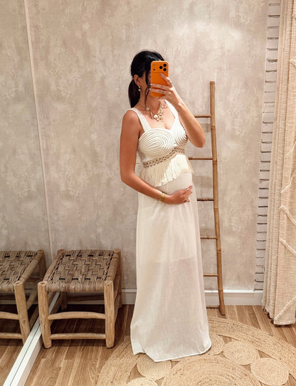 Vestido Comprido em Algodão com Detalhe em Corda