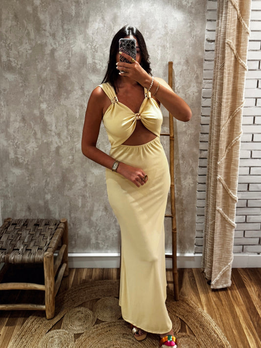 Vestido longo em malha canelada c/ detalhe de recorte frontal amarelo manteiga