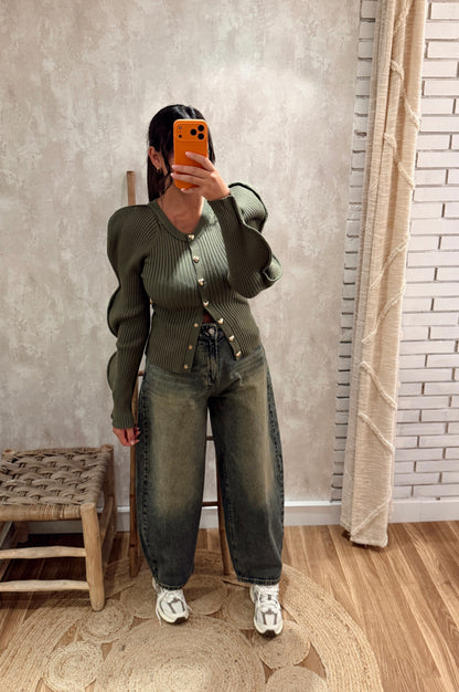 Cardigan em malha c/ detalhe de manga ondulada