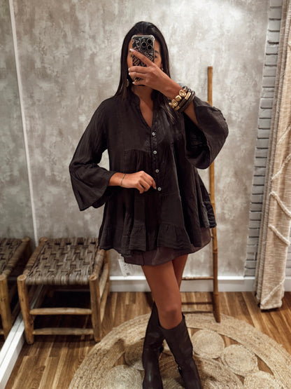 Túnica camiseiro com folhos – 100% linho