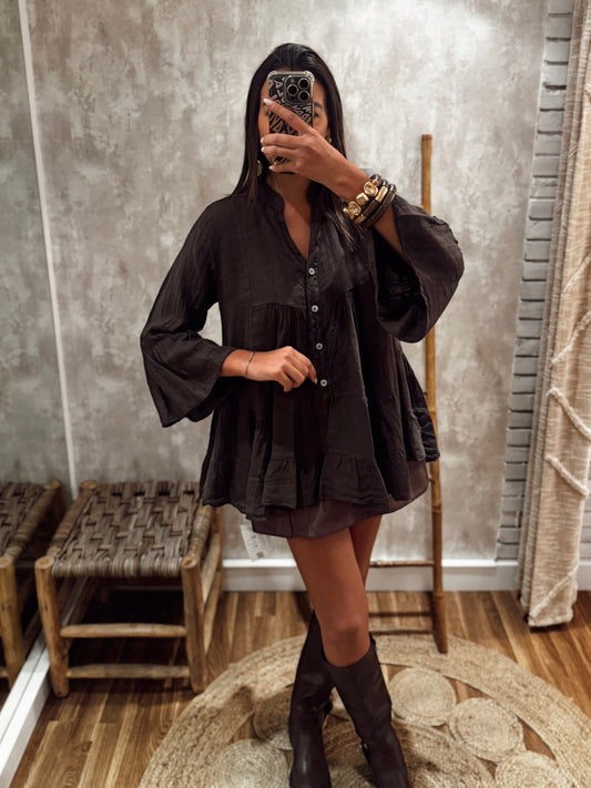 Túnica camiseiro com folhos – 100% linho