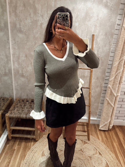 Camisola em malha canelada c/folhos
