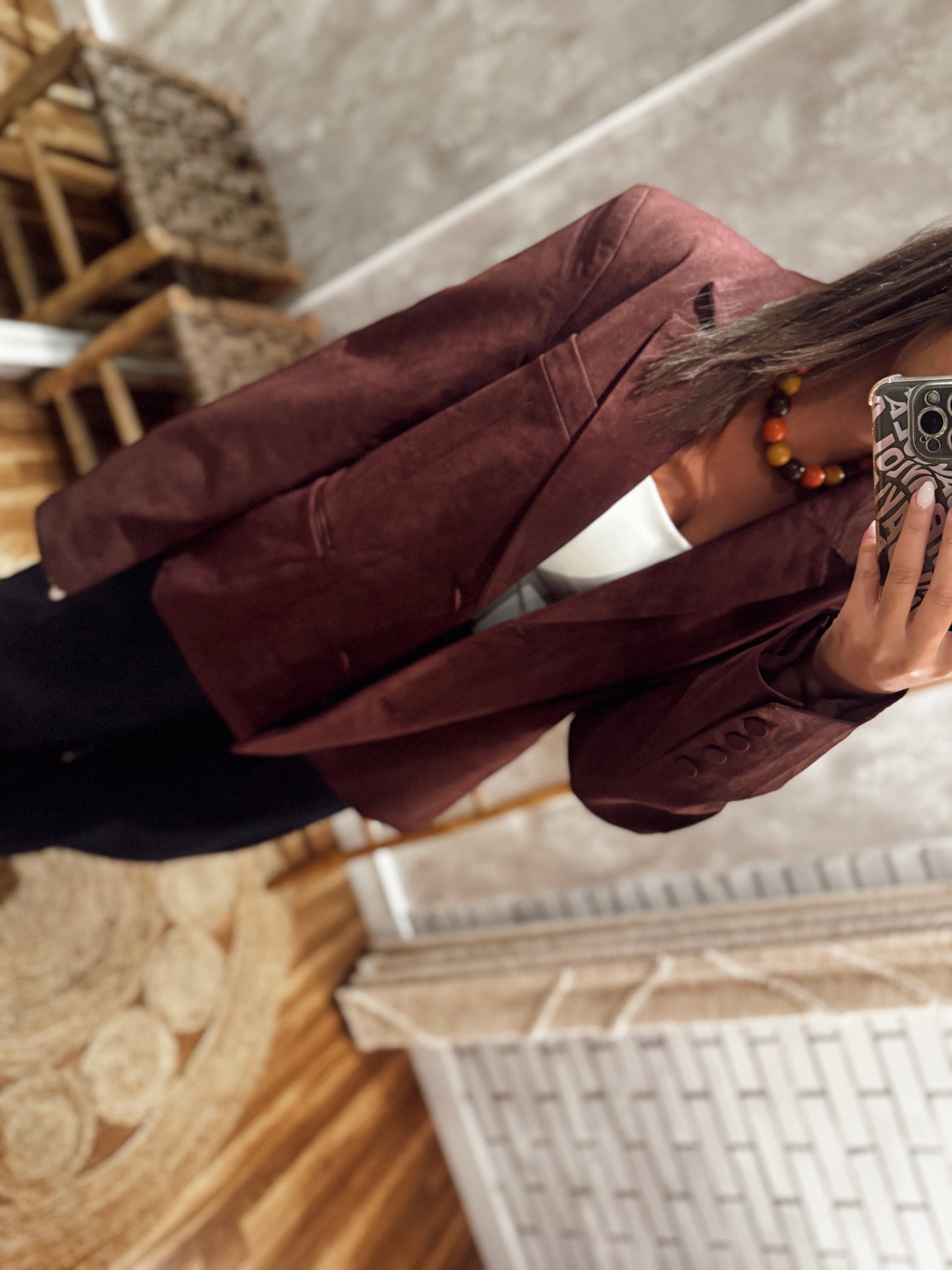 Blazer oversized em pele de pêssego- Bordô