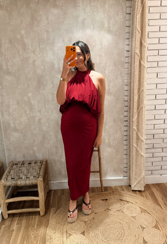 Vestido Midi Halter Drapeado