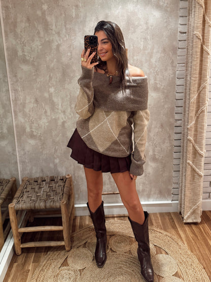 Camisola em Malha com Decote Ombro a Ombro Argyle