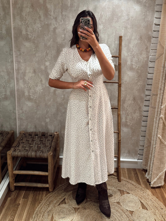 Vestido comprido com padrão de pintinhas