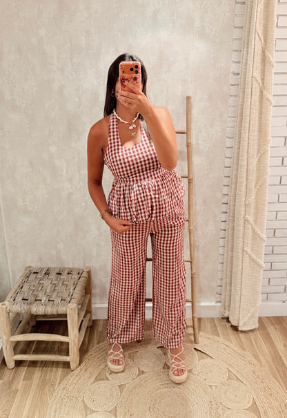 Conjunto Vichy Top Halter & Calças Pantalona