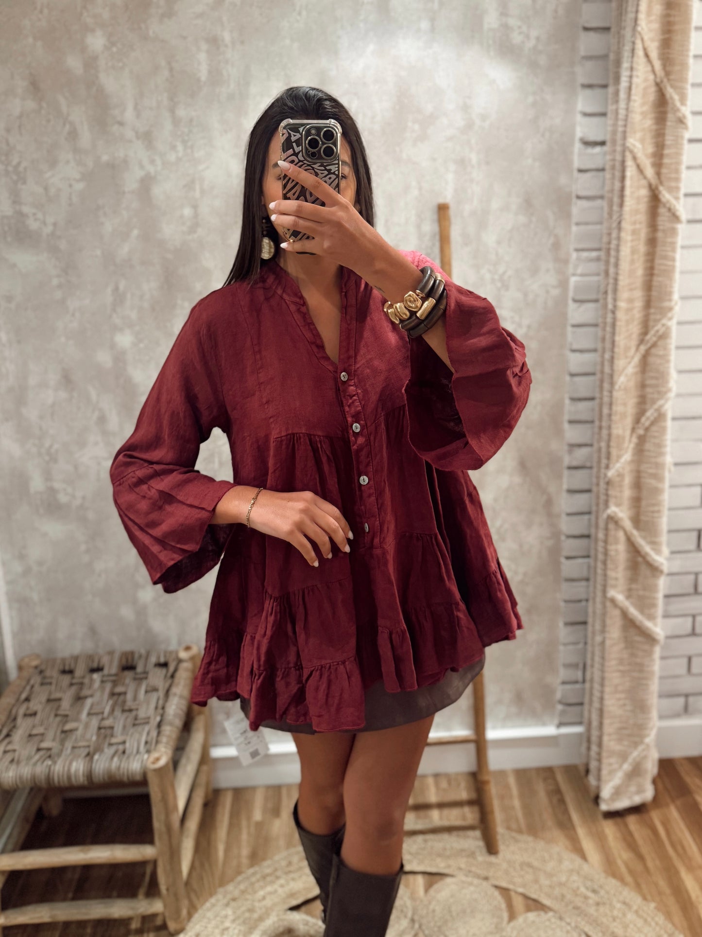 Túnica camiseiro com folhos – 100% linho