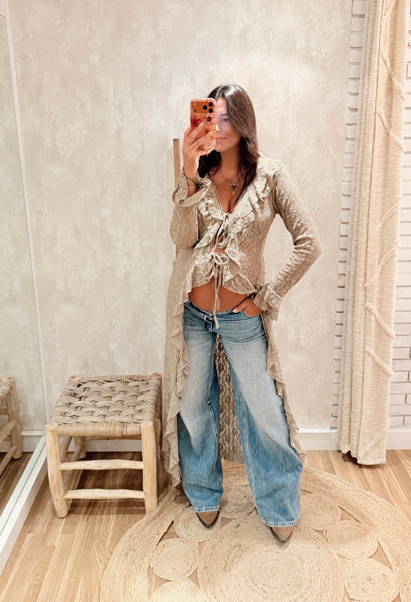 Kimono Comprido Texturado com Folhos