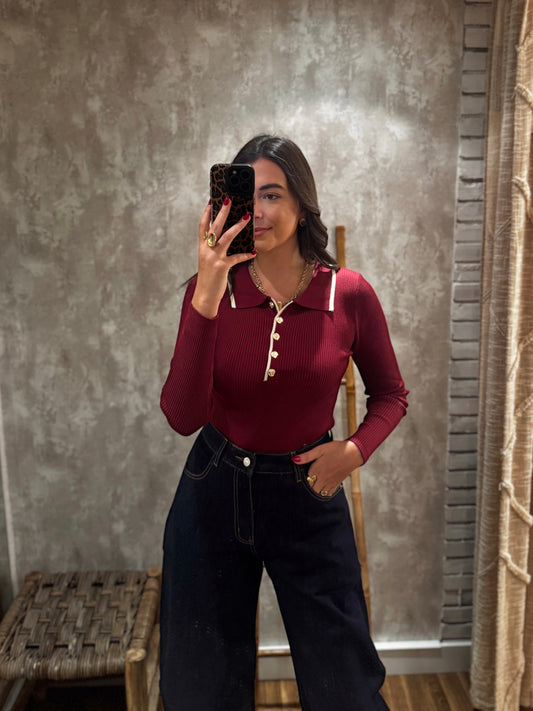 Body em malha canelada c/decote em polo