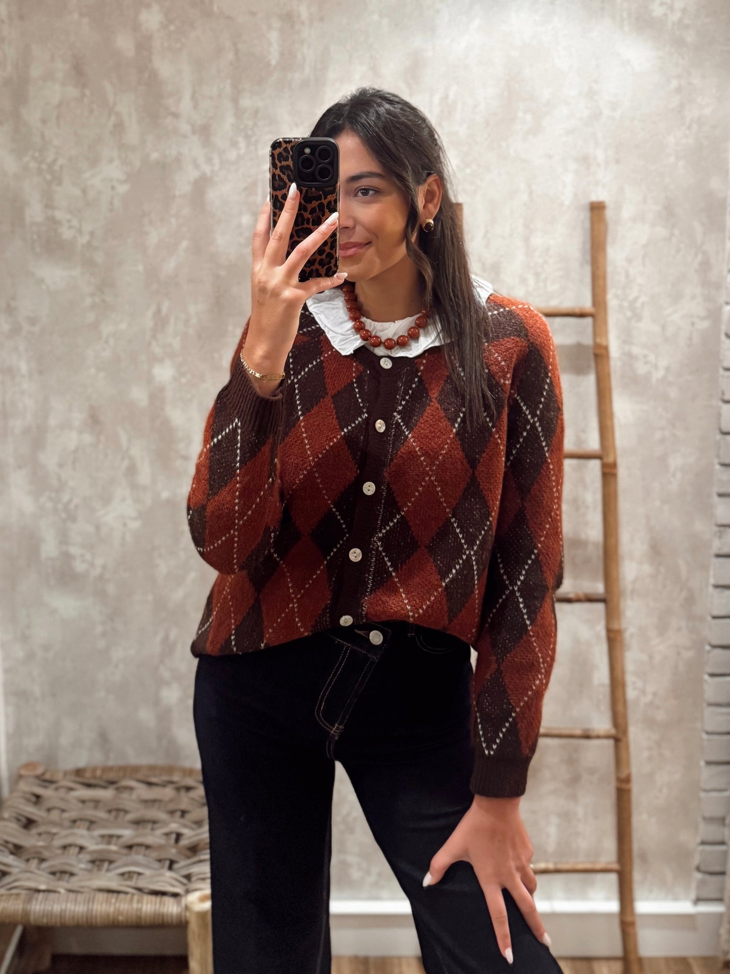 Cardigan em malha com padrão losangos