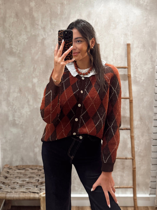 Cardigan em malha com padrão losangos