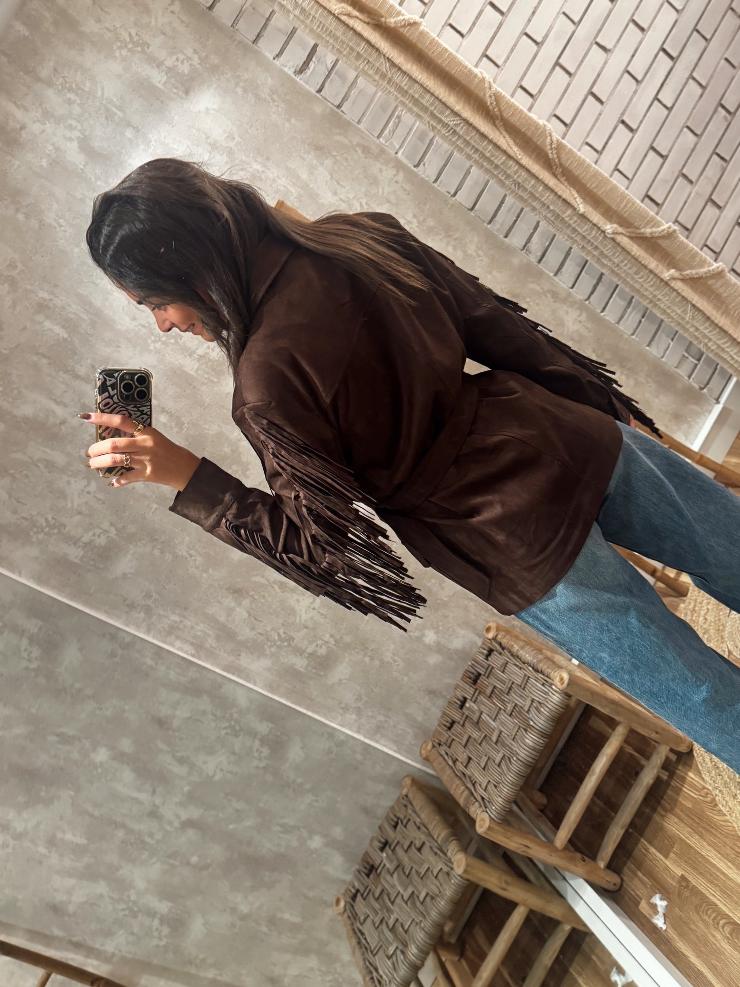 Chaqueta de ante con flecos y cinturón