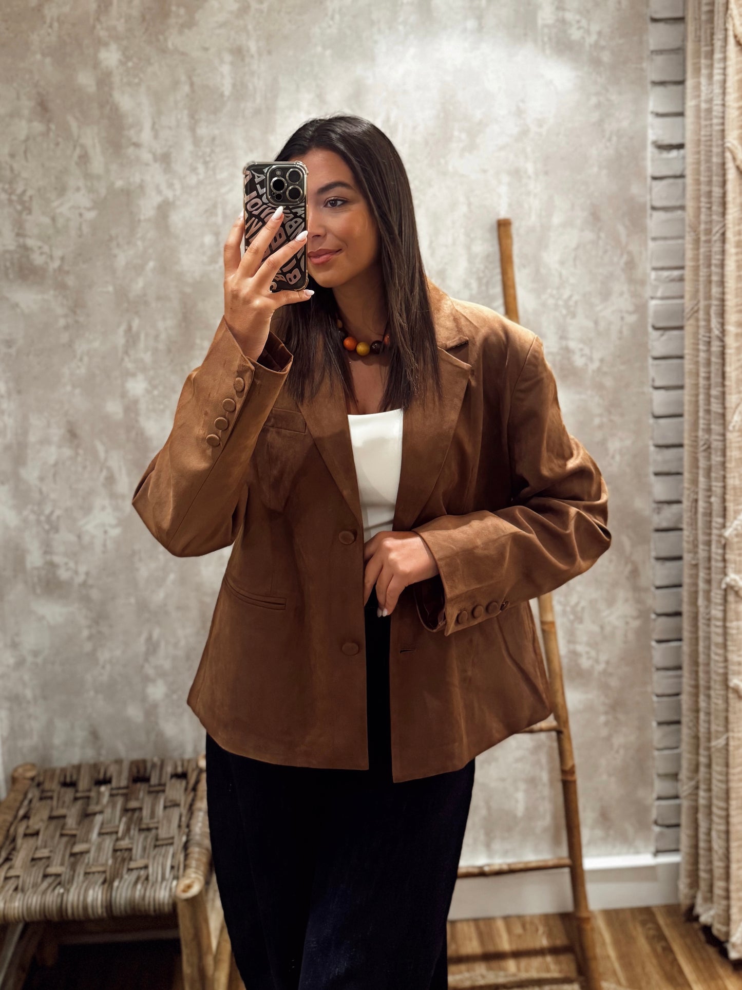 Blazer oversized em pele de pêssego -Camel
