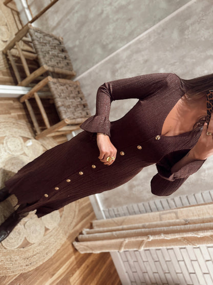 Vestido midi em malha canelada com delicados fios de brilho incorporados
