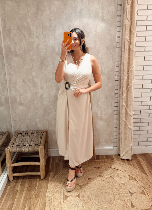 Vestido Midi Cruzado com Detalhe em Madeira