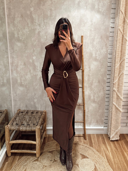 Vestido em lycra justo c/detalhe metálico dourado